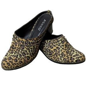 Ashro Women’s Leopard Printed Rhinestone Denim Heel Mules Slip On Clogs Size 8.5